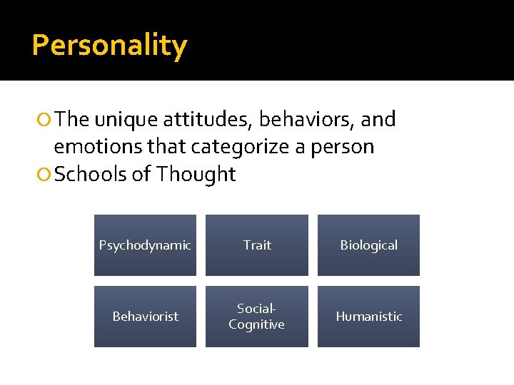 Personality The unique attitudes, behaviors, and emotions that categorize a person Schools of Thought