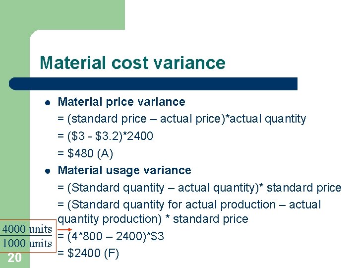 Material cost variance Material price variance = (standard price – actual price)*actual quantity =