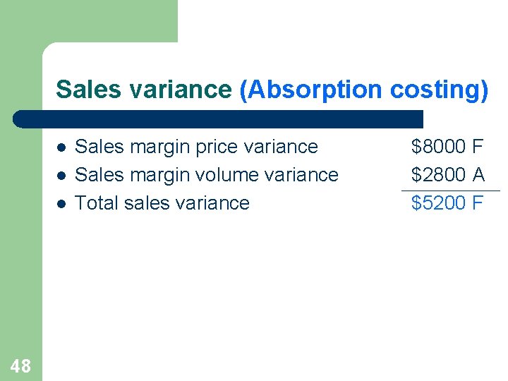 Sales variance (Absorption costing) l l l 48 Sales margin price variance Sales margin