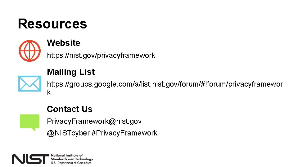 Resources Website https: //nist. gov/privacyframework Mailing List https: //groups. google. com/a/list. nist. gov/forum/#!forum/privacyframewor k