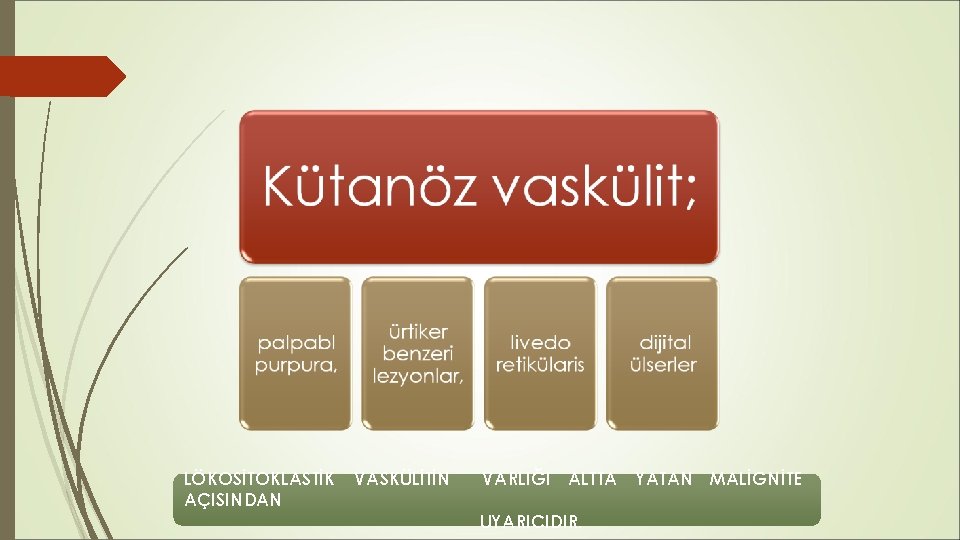 LÖKOSİTOKLASTİK AÇISINDAN VASKÜLİTİN VARLIĞI ALTTA YATAN MALİGNİTE UYARICIDIR. LÖKOSİTOKLASTİK AÇISINDAN VASKÜLİTİN VARLIĞI ALTTA YATAN MALİGNİTE UYARICIDIR.