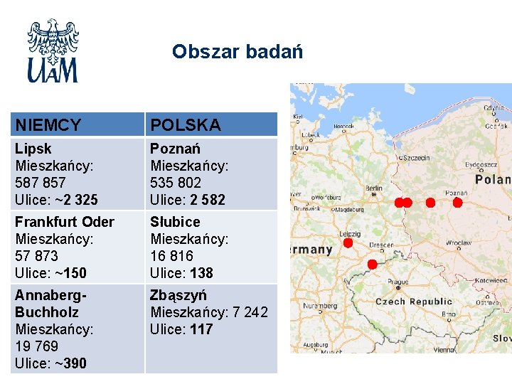 Obszar badań NIEMCY POLSKA Lipsk Mieszkańcy: 587 857 Ulice: ~2 325 Poznań Mieszkańcy: 535