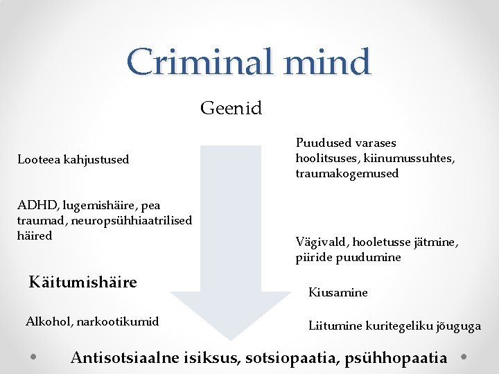 Criminal mind Geenid Looteea kahjustused ADHD, lugemishäire, pea traumad, neuropsühhiaatrilised häired Käitumishäire Alkohol, narkootikumid