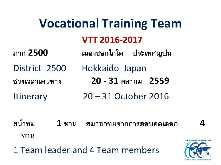 Vocational Training Team ภาค 2500 VTT 2016 -2017 เมองฮอกไกโด ประเทศญปน District 2500 ชวงเวลาเดนทาง Hokkaido