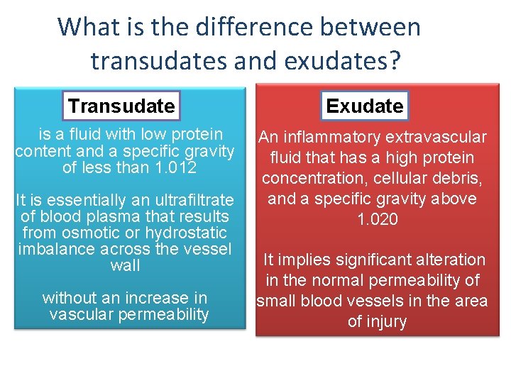 What is the difference between transudates and exudates? Transudate is a fluid with low