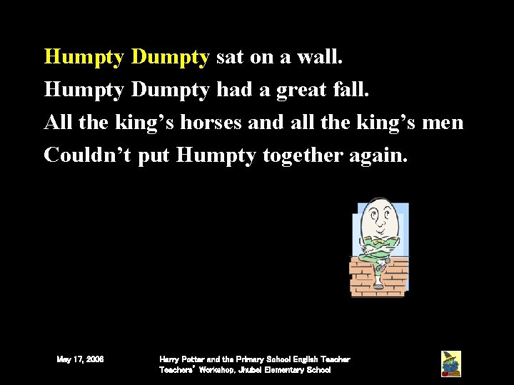 Humpty Dumpty sat on a wall. Humpty Dumpty had a great fall. All the Humpty Dumpty sat on a wall. Humpty Dumpty had a great fall. All the