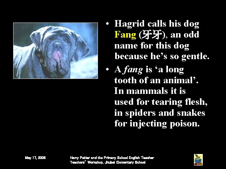 • Hagrid calls his dog Fang (牙牙), an odd name for this dog • Hagrid calls his dog Fang (牙牙), an odd name for this dog