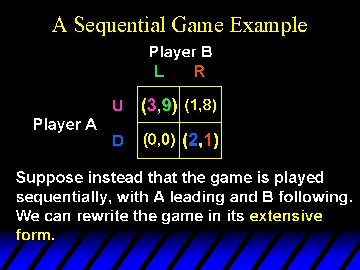 A Sequential Game Example Player B L R Player A U (3, 9) (1, A Sequential Game Example Player B L R Player A U (3, 9) (1,