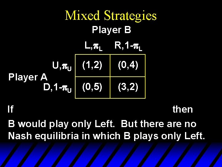 Mixed Strategies Player B U, p. U Player A D, 1 -p. U L, Mixed Strategies Player B U, p. U Player A D, 1 -p. U L,