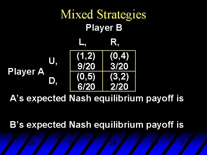 Mixed Strategies Player B L, R, (1, 2) (0, 4) U, 9/20 3/20 Player Mixed Strategies Player B L, R, (1, 2) (0, 4) U, 9/20 3/20 Player