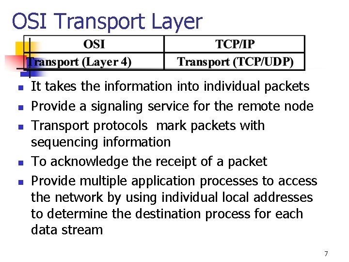 OSI Transport Layer n n n It takes the information into individual packets Provide