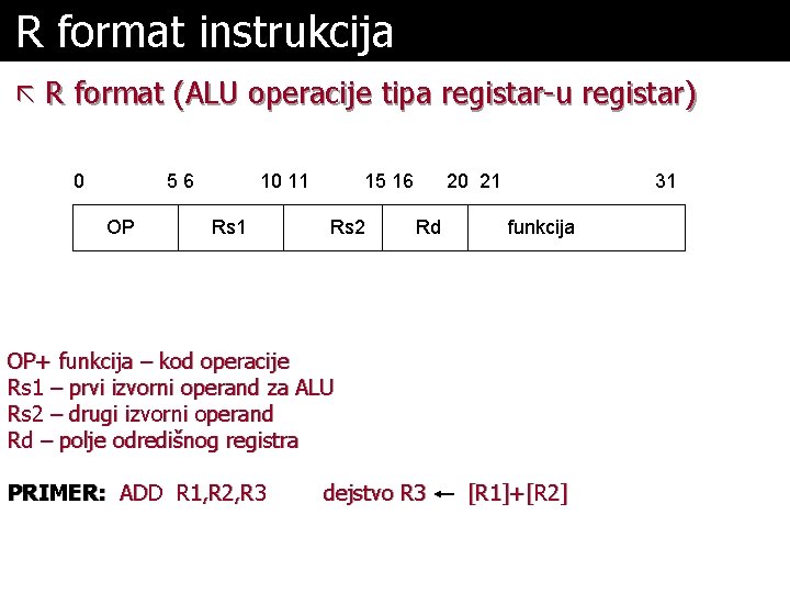 R format instrukcija ã R format (ALU operacije tipa registar-u registar) 0 56 OP