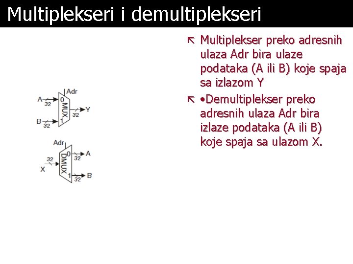 Multiplekseri i demultiplekseri ã Multiplekser preko adresnih ulaza Adr bira ulaze podataka (A ili