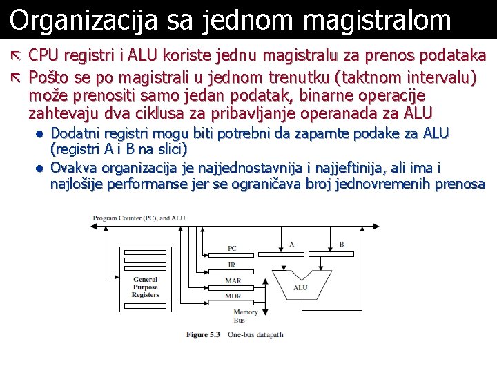 Organizacija sa jednom magistralom ã CPU registri i ALU koriste jednu magistralu za prenos