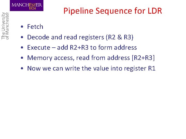 Pipeline Sequence for LDR • • • Fetch Decode and read registers (R 2