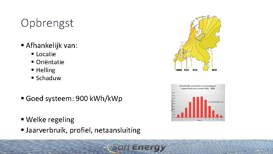 Opbrengst § Afhankelijk van: § Locatie § Oriëntatie § Helling § Schaduw § Goed
