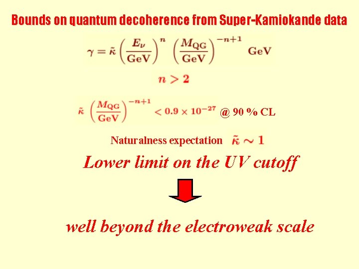 Bounds on quantum decoherence from Super-Kamiokande data @ 90 % CL Naturalness expectation Lower Bounds on quantum decoherence from Super-Kamiokande data @ 90 % CL Naturalness expectation Lower