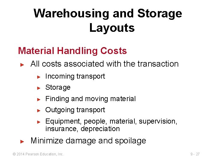 Warehousing and Storage Layouts Material Handling Costs ► All costs associated with the transaction Warehousing and Storage Layouts Material Handling Costs ► All costs associated with the transaction