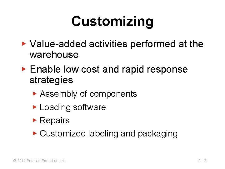 Customizing ▶ Value-added activities performed at the warehouse ▶ Enable low cost and rapid Customizing ▶ Value-added activities performed at the warehouse ▶ Enable low cost and rapid