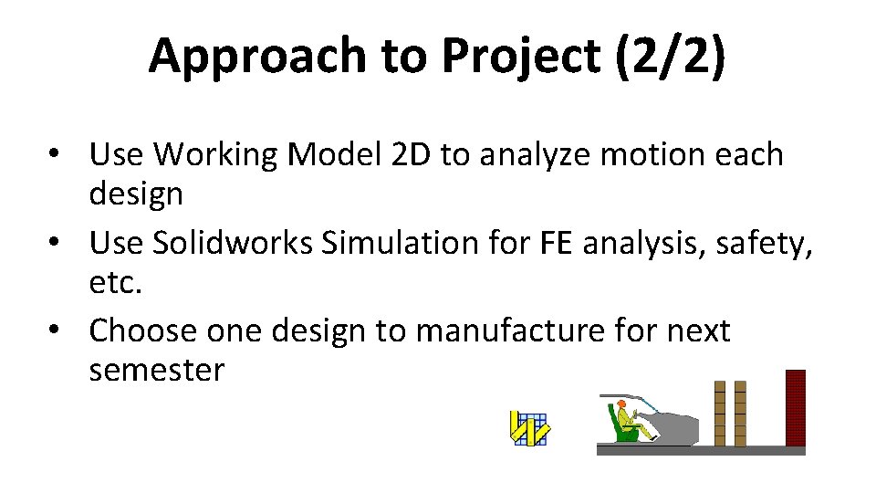 Approach to Project (2/2) • Use Working Model 2 D to analyze motion each