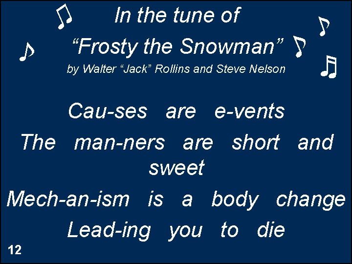 ♫ ♪ In the tune of “Frosty the Snowman” by Walter “Jack” Rollins and