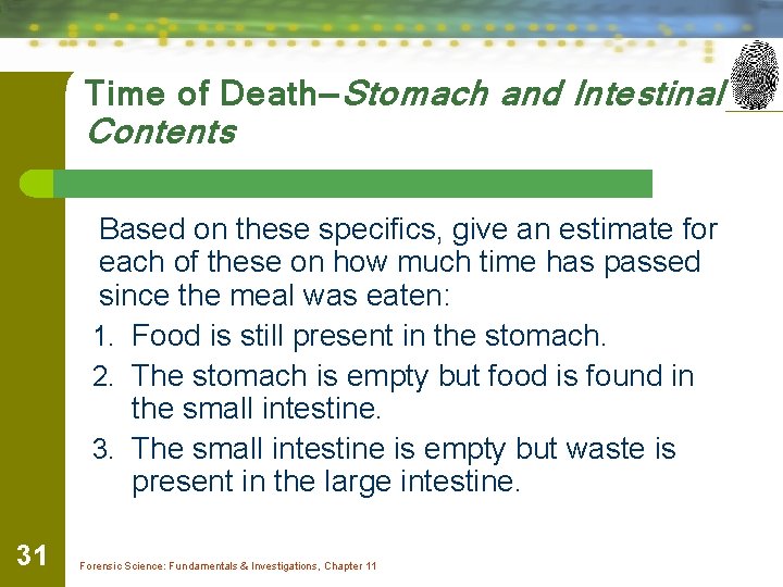 Time of Death—Stomach and Intestinal Contents Based on these specifics, give an estimate for