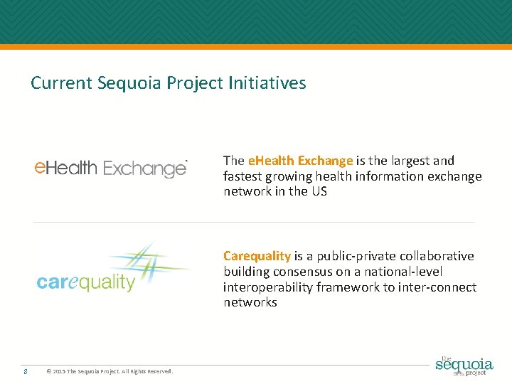 Current Sequoia Project Initiatives The e. Health Exchange is the largest and fastest growing