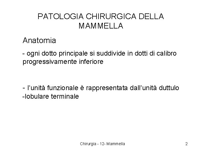 PATOLOGIA CHIRURGICA DELLA MAMMELLA Anatomia - ogni dotto principale si suddivide in dotti di