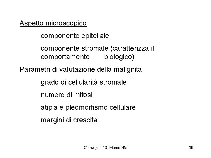 Aspetto microscopico componente epiteliale componente stromale (caratterizza il comportamento biologico) Parametri di valutazione della