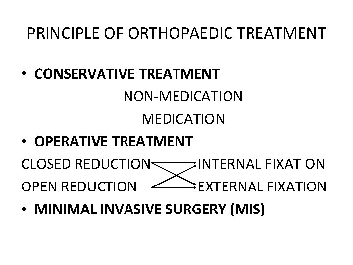 PRINCIPLE OF ORTHOPAEDIC TREATMENT • CONSERVATIVE TREATMENT NON-MEDICATION • OPERATIVE TREATMENT CLOSED REDUCTION INTERNAL