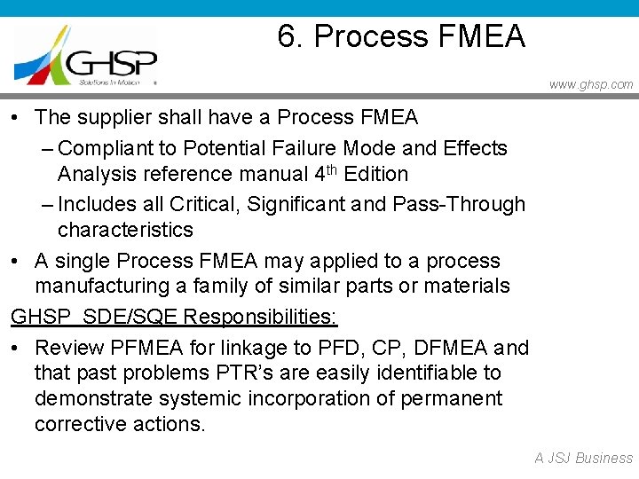 6. Process FMEA www. ghsp. com • The supplier shall have a Process FMEA 6. Process FMEA www. ghsp. com • The supplier shall have a Process FMEA