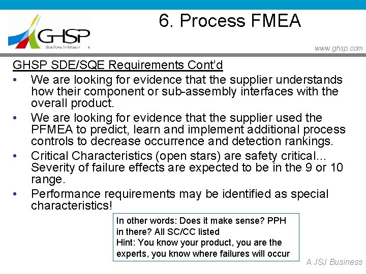 6. Process FMEA www. ghsp. com GHSP SDE/SQE Requirements Cont’d • We are looking 6. Process FMEA www. ghsp. com GHSP SDE/SQE Requirements Cont’d • We are looking