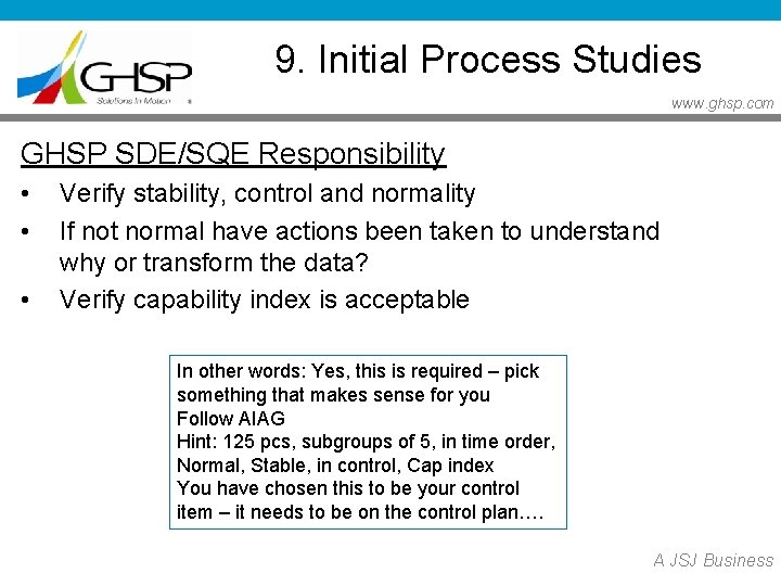 9. Initial Process Studies www. ghsp. com GHSP SDE/SQE Responsibility • • • Verify 9. Initial Process Studies www. ghsp. com GHSP SDE/SQE Responsibility • • • Verify