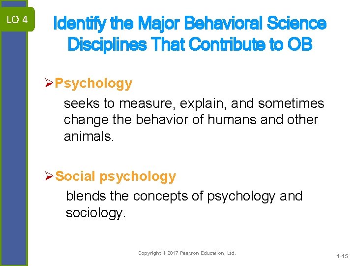 LO 4 Identify the Major Behavioral Science Disciplines That Contribute to OB ØPsychology seeks