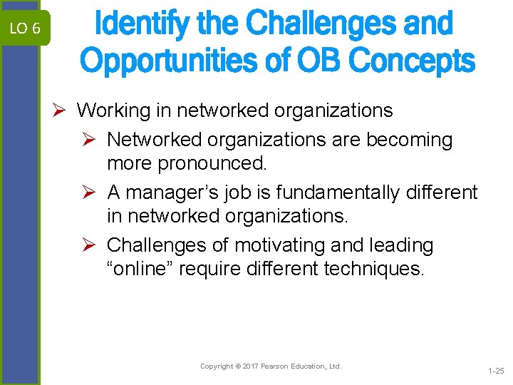 LO 6 Identify the Challenges and Opportunities of OB Concepts Ø Working in networked