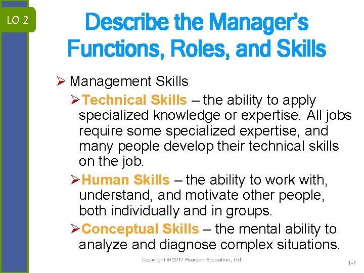 LO 2 Describe the Manager’s Functions, Roles, and Skills Ø Management Skills ØTechnical Skills