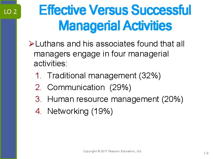 LO 2 Effective Versus Successful Managerial Activities ØLuthans and his associates found that all