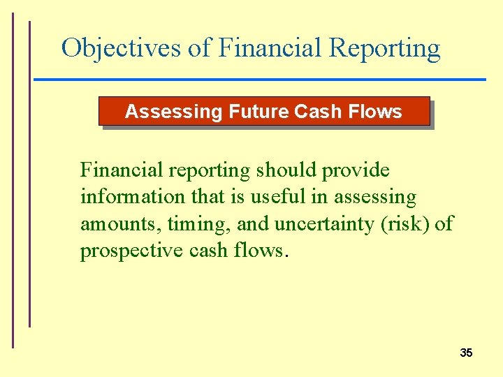 Objectives of Financial Reporting Assessing Future Cash Flows Financial reporting should provide information that