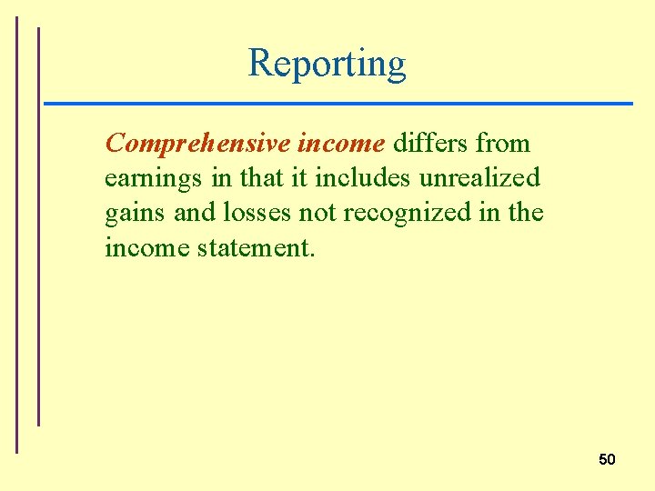 Reporting Comprehensive income differs from earnings in that it includes unrealized gains and losses