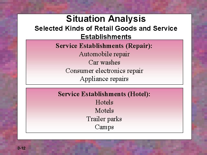 Situation Analysis Selected Kinds of Retail Goods and Service Establishments (Repair): Automobile repair Car