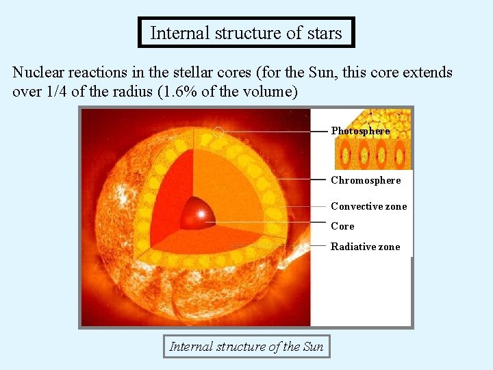 Internal structure of stars Nuclear reactions in the stellar cores (for the Sun, this