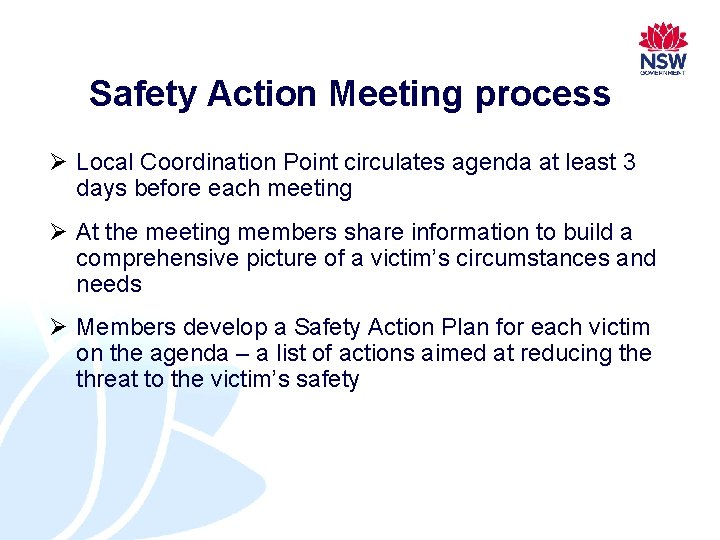 Safety Action Meeting process Ø Local Coordination Point circulates agenda at least 3 days Safety Action Meeting process Ø Local Coordination Point circulates agenda at least 3 days