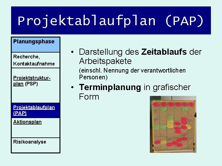 Projektablaufplan (PAP) Planungsphase Recherche, Kontaktaufnahme Projektstrukturplan (PSP) Projektablaufplan (PAP) Aktionsplan Risikoanalyse • Darstellung des