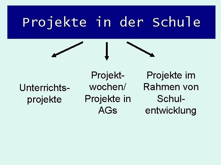 Projekte in der Schule Unterrichtsprojekte Projektwochen/ Projekte in AGs Projekte im Rahmen von Schulentwicklung