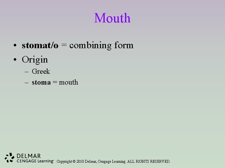 Mouth • stomat/o = combining form • Origin – Greek – stoma = mouth