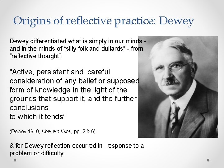 Origins of reflective practice: Dewey differentiated what is simply in our minds and in