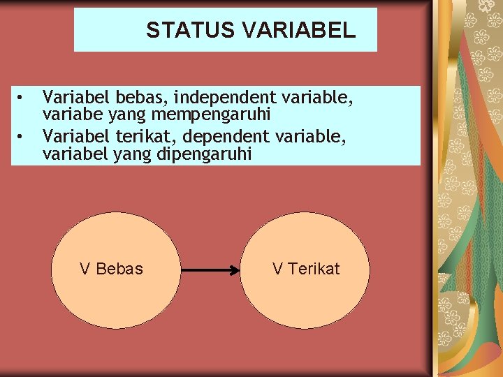 STATUS VARIABEL • • Variabel bebas, independent variable, variabe yang mempengaruhi Variabel terikat, dependent