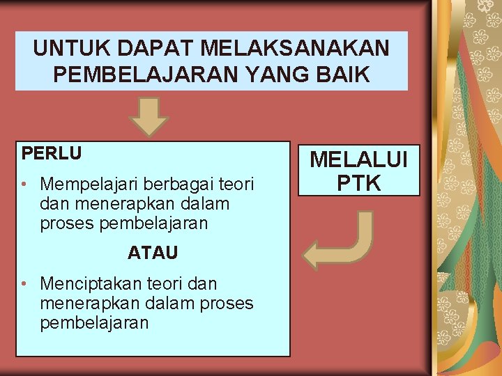 UNTUK DAPAT MELAKSANAKAN PEMBELAJARAN YANG BAIK PERLU • Mempelajari berbagai teori dan menerapkan dalam