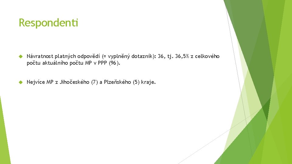 Respondenti Návratnost platných odpovědí (= vyplněný dotazník): 36, tj. 36, 5% z celkového počtu