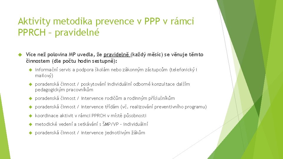 Aktivity metodika prevence v PPP v rámci PPRCH – pravidelné Více než polovina MP